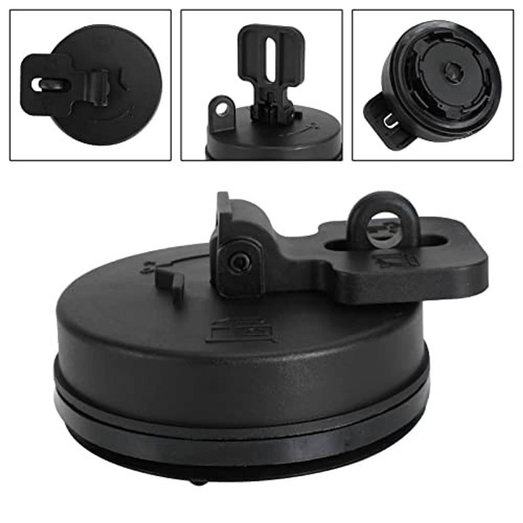 Black diesel fuel tank cap cover shown from side with mounting hardware