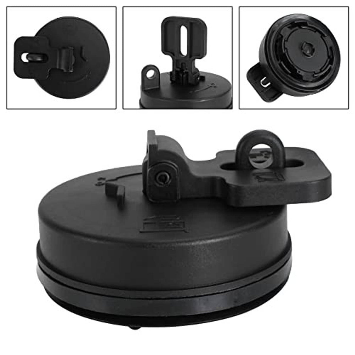 Black diesel fuel tank cap cover shown from side with mounting hardware
