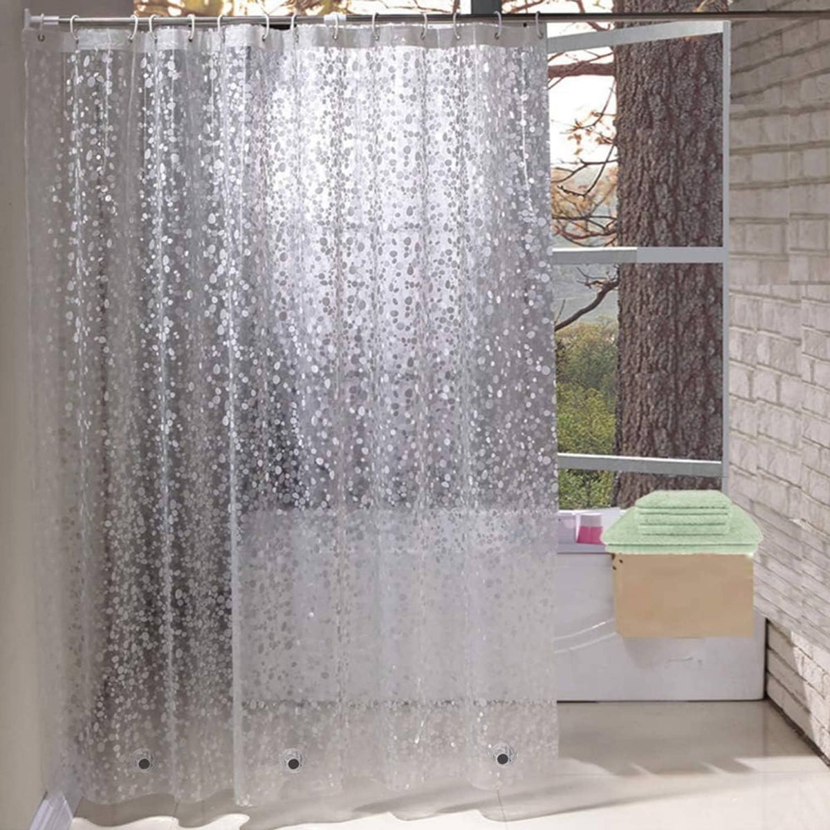 Gray clear shower curtain liner with dotted pattern, top grommets and snap-in holes
