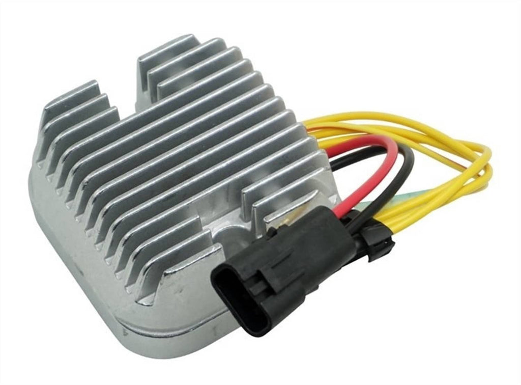 Voltage regulator/rectifier with finned aluminum heat sink and yellow-red wire harness