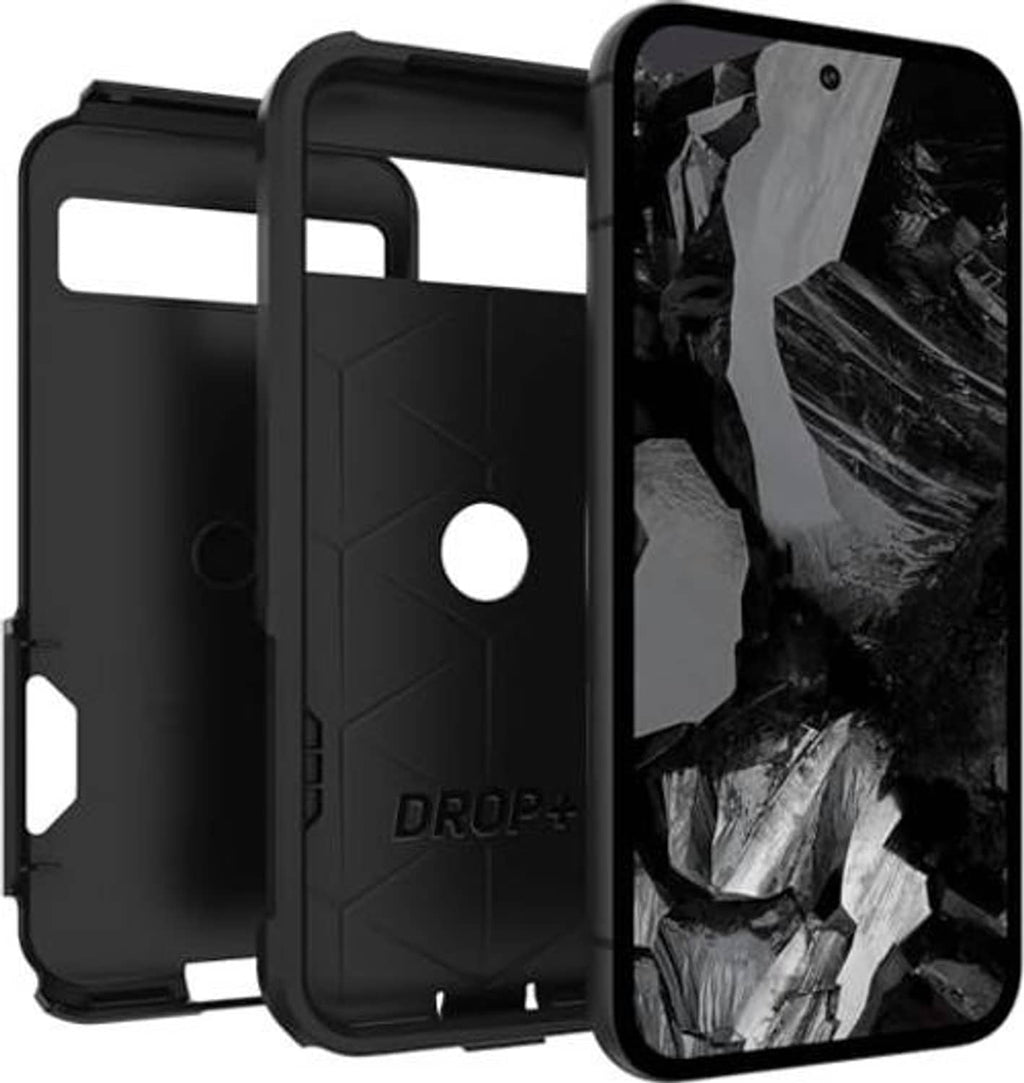 Google Pixel 8A OtterBox Commuter case, black rugged shell with DROP+ and camera opening