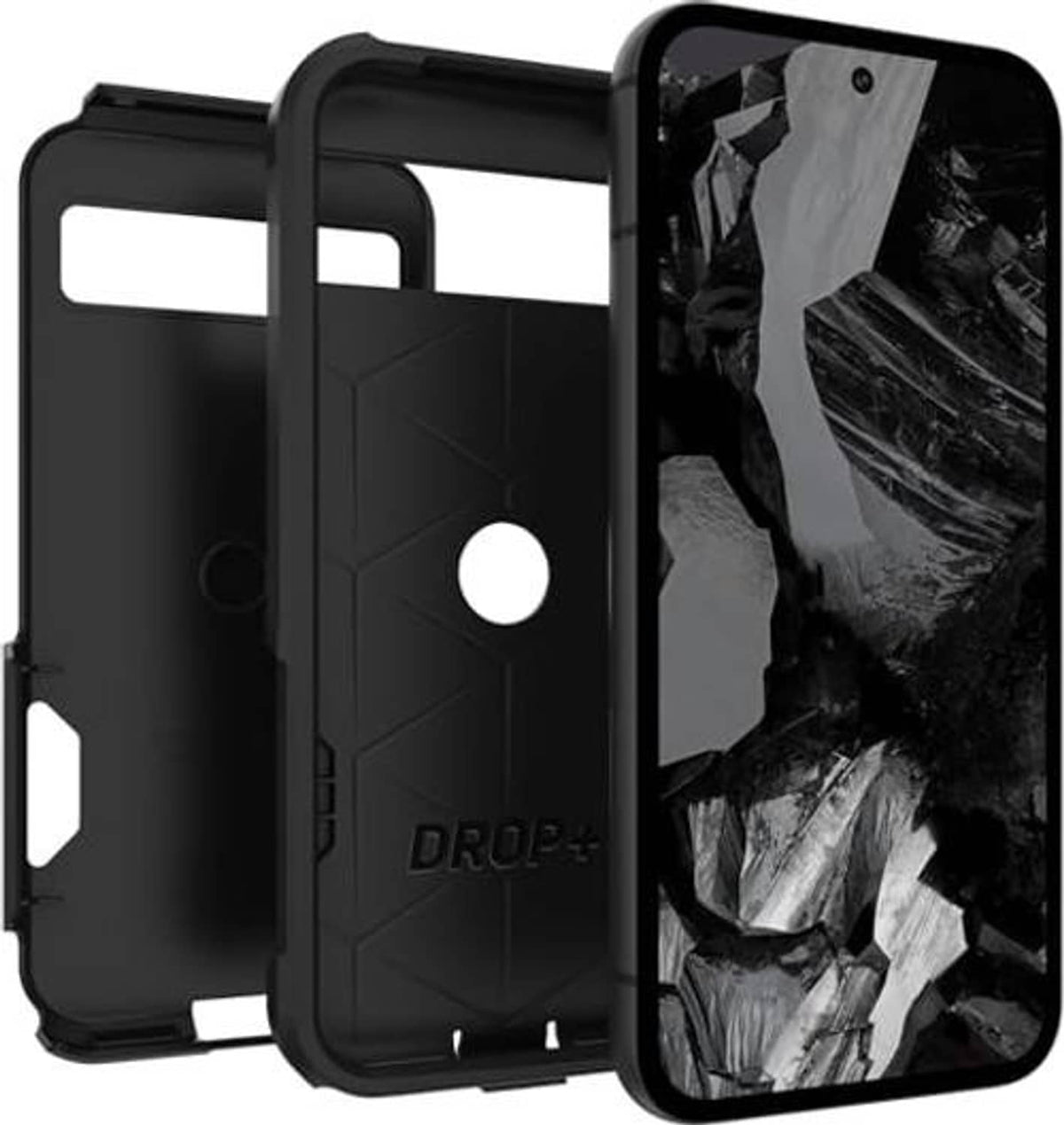 Google Pixel 8A OtterBox Commuter case, black rugged shell with DROP+ and camera opening