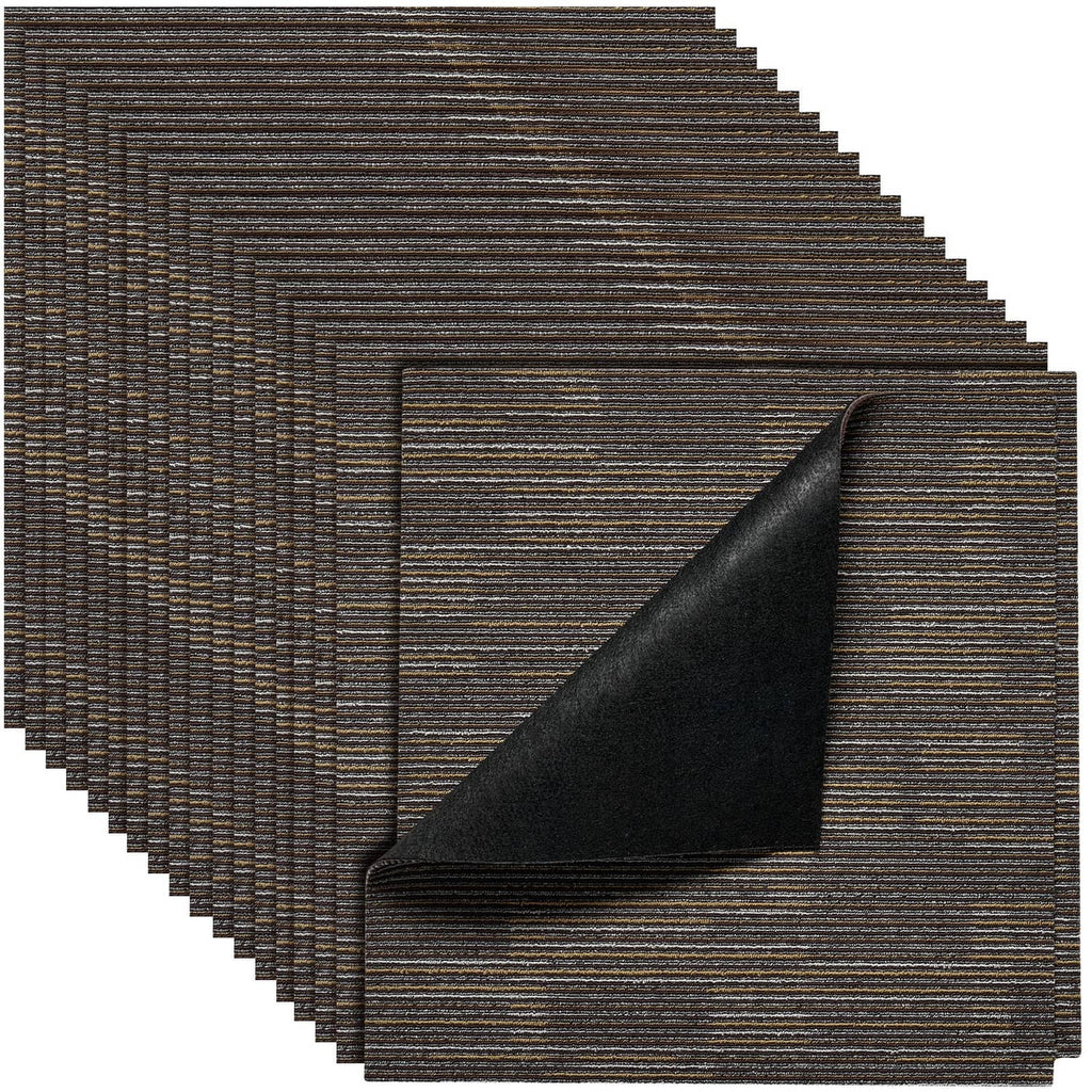 Modular carpet tiles, square stack with dark gray and brown striped texture