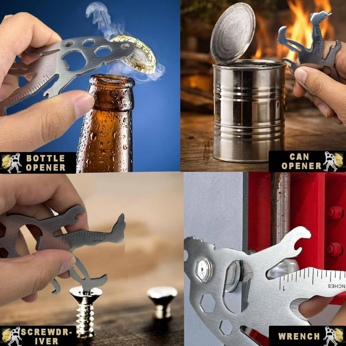 Metal multitool bottle opener and can opener held in hand with hex wrench features