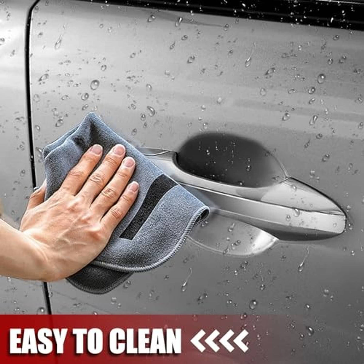 Chrome exterior passenger door handle being cleaned with a microfiber cloth