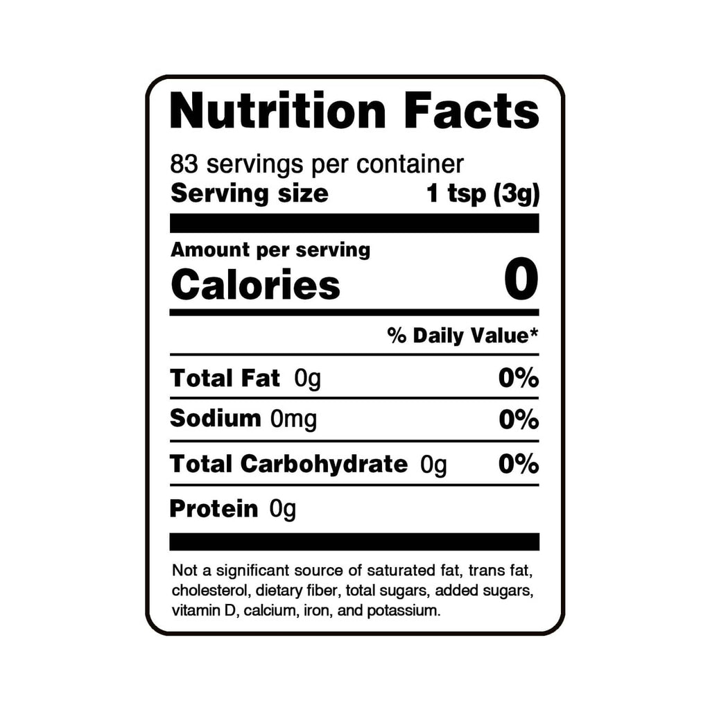 Nutrition facts label showing 0 calories per serving for tea