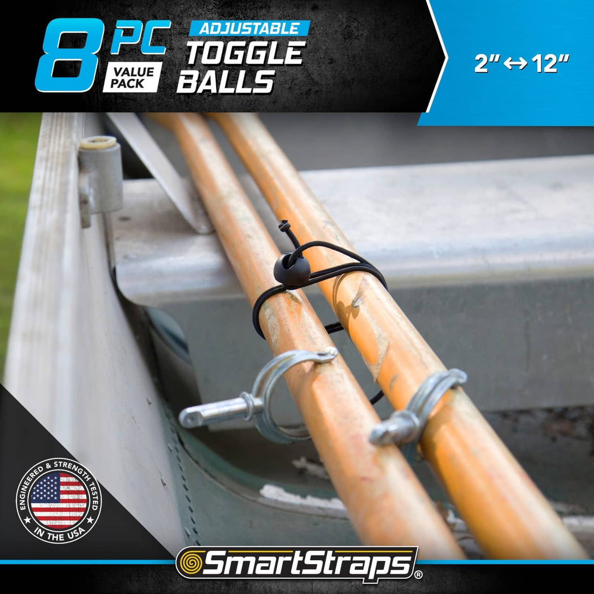 Black toggle ball bungee cord securing around a rail with adjustable loop