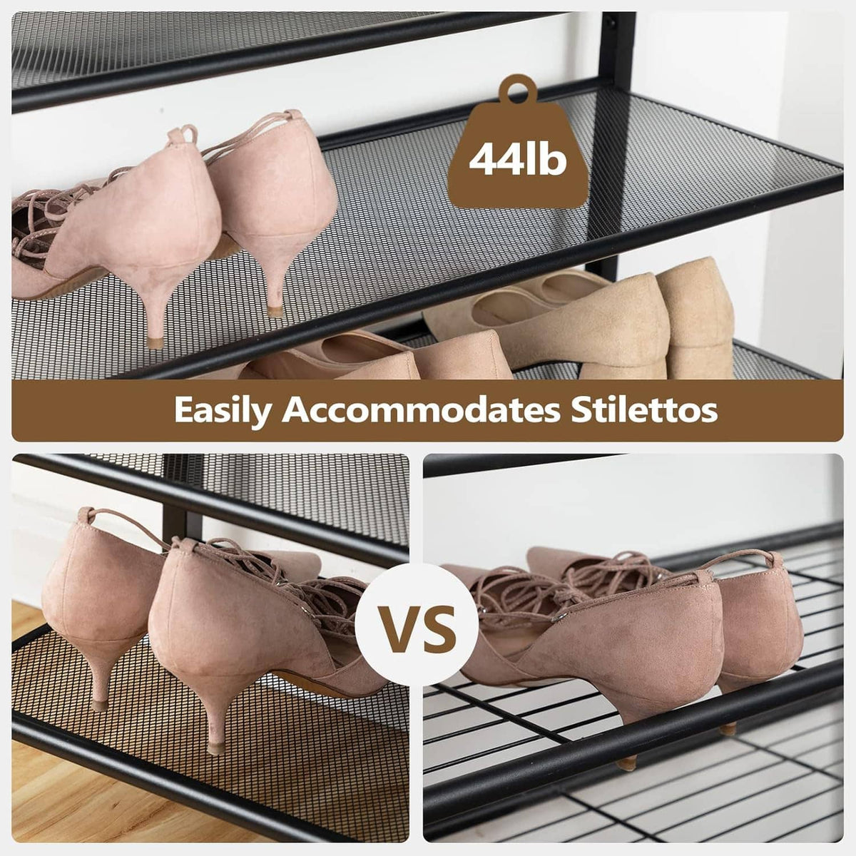 Gray-shelved shoe rack organizer with black frame for heels and stilettos, wooden top.