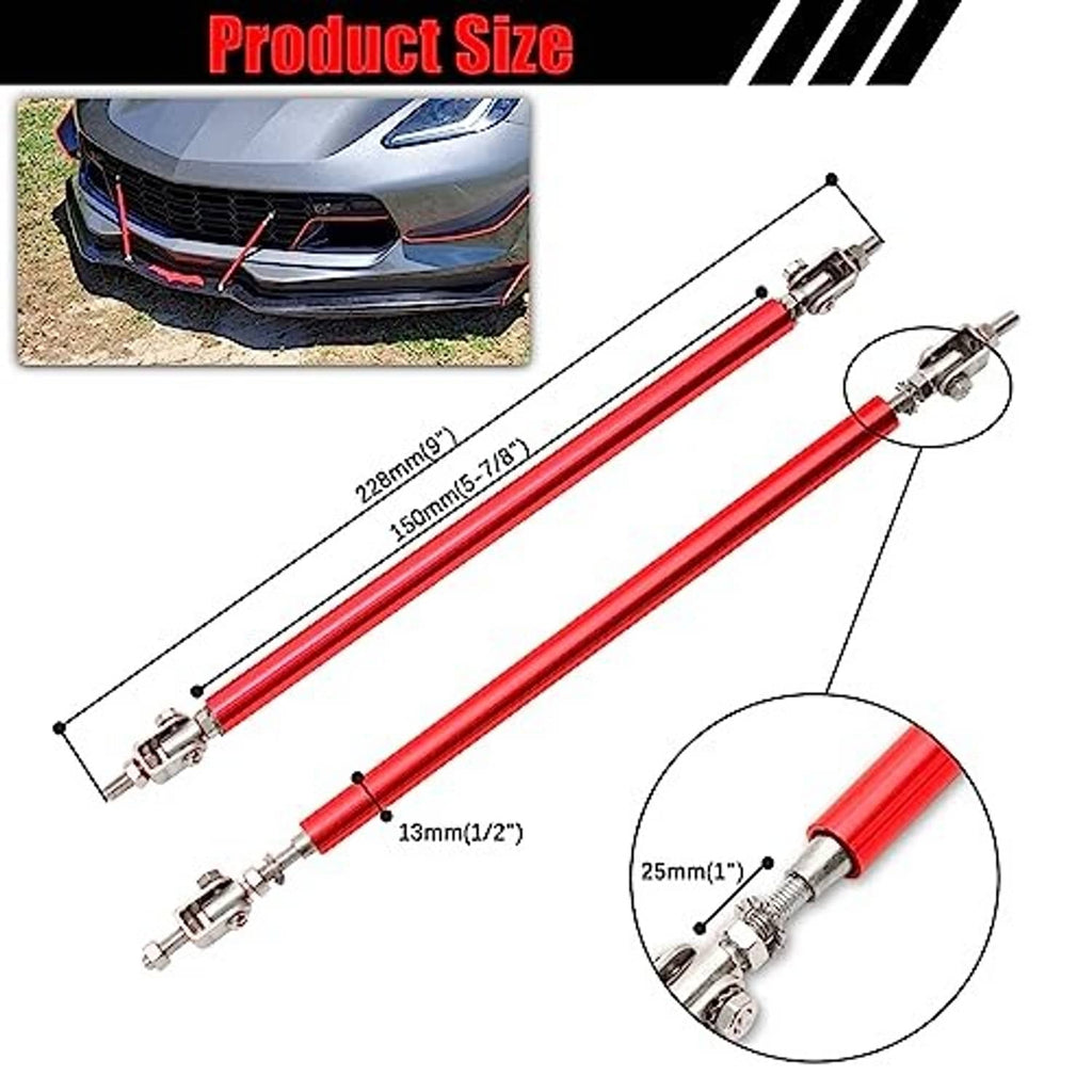 Adjustable red front strut rods with silver mounting clamps and length markings