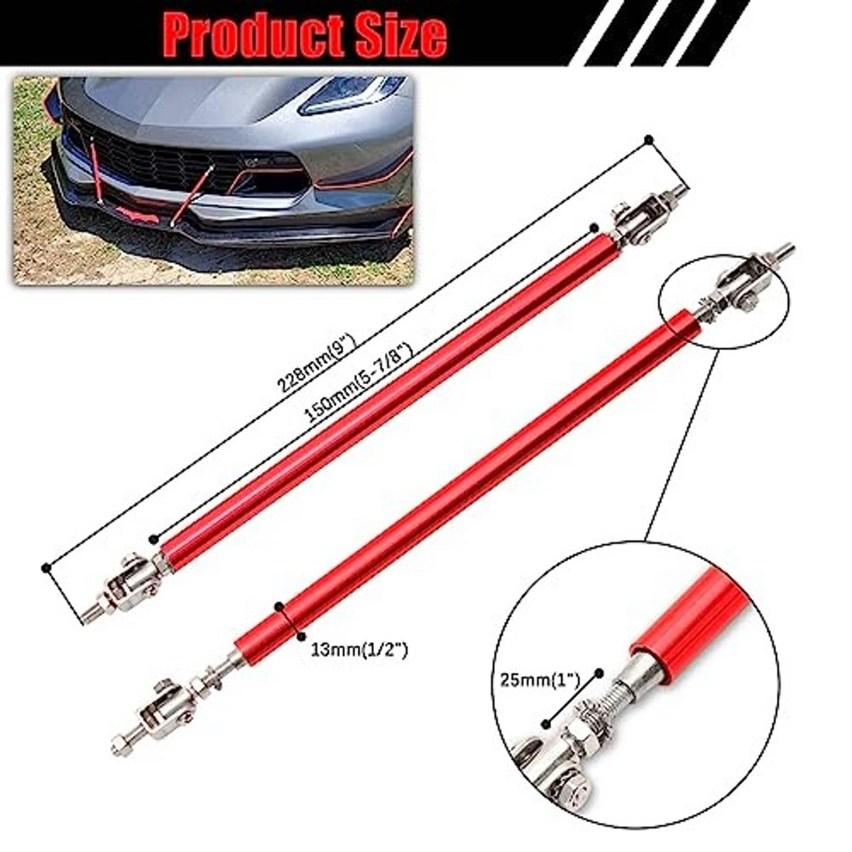 Adjustable red front strut rods with silver mounting clamps and length markings