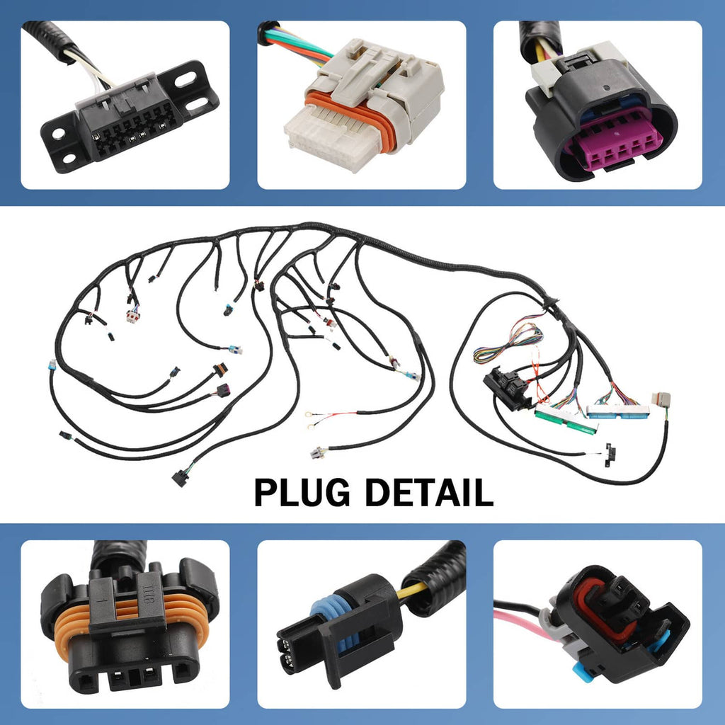 Engine wiring harness stand-alone with multiple color-coded connectors and wire loom