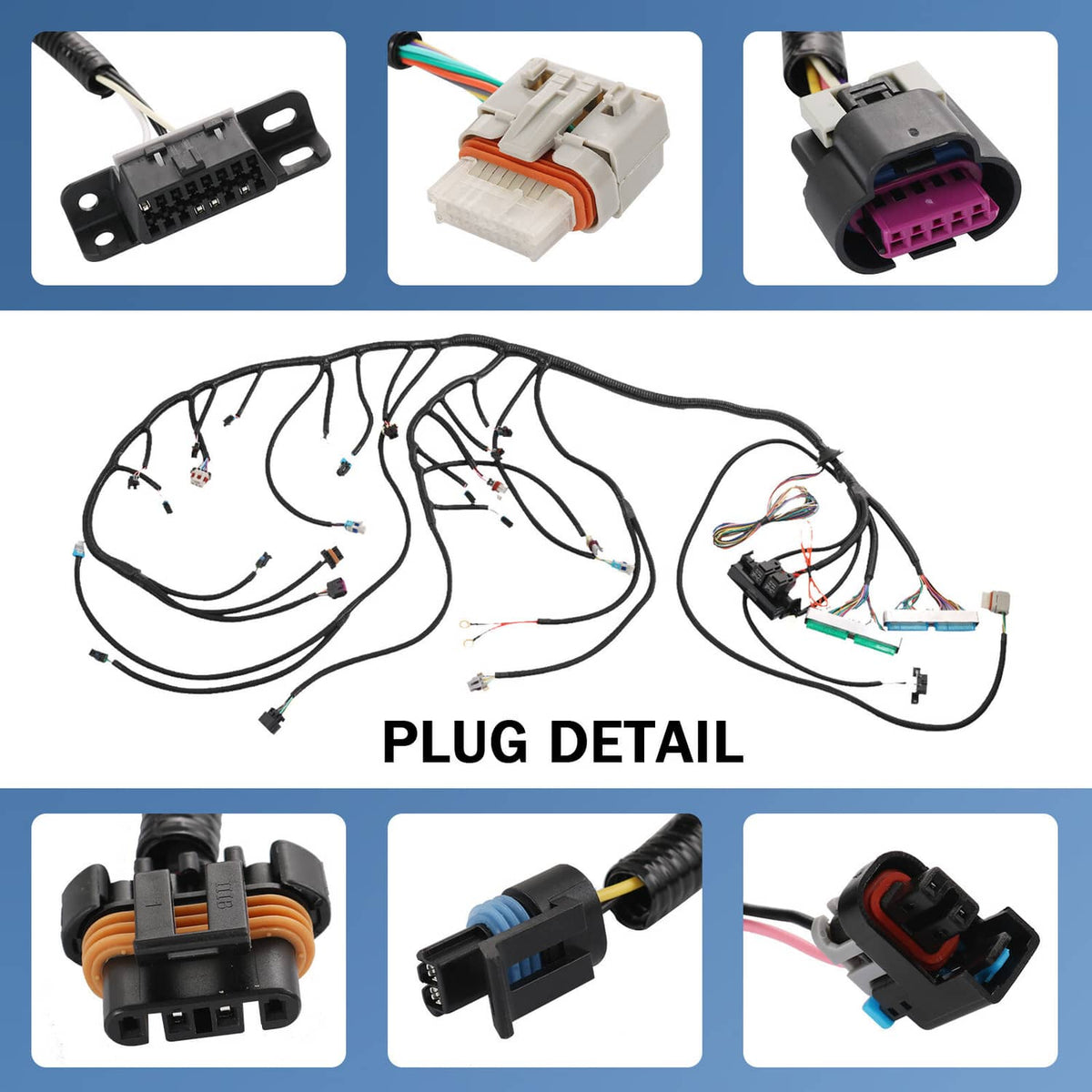 Engine wiring harness stand-alone with multiple color-coded connectors and wire loom