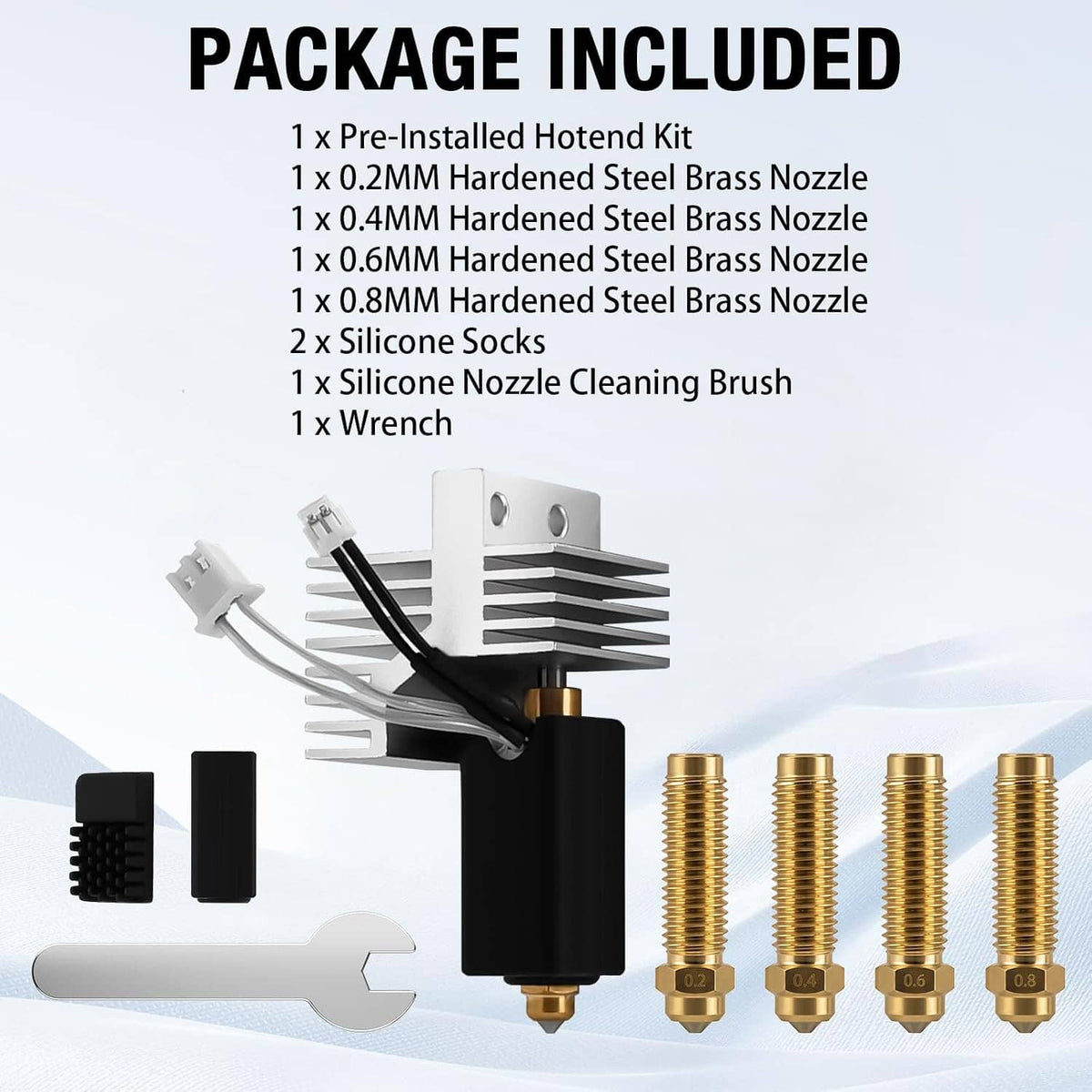 Hotend kit contents with finned heater, silicone socks, wrench, and multiple threaded brass nozzles