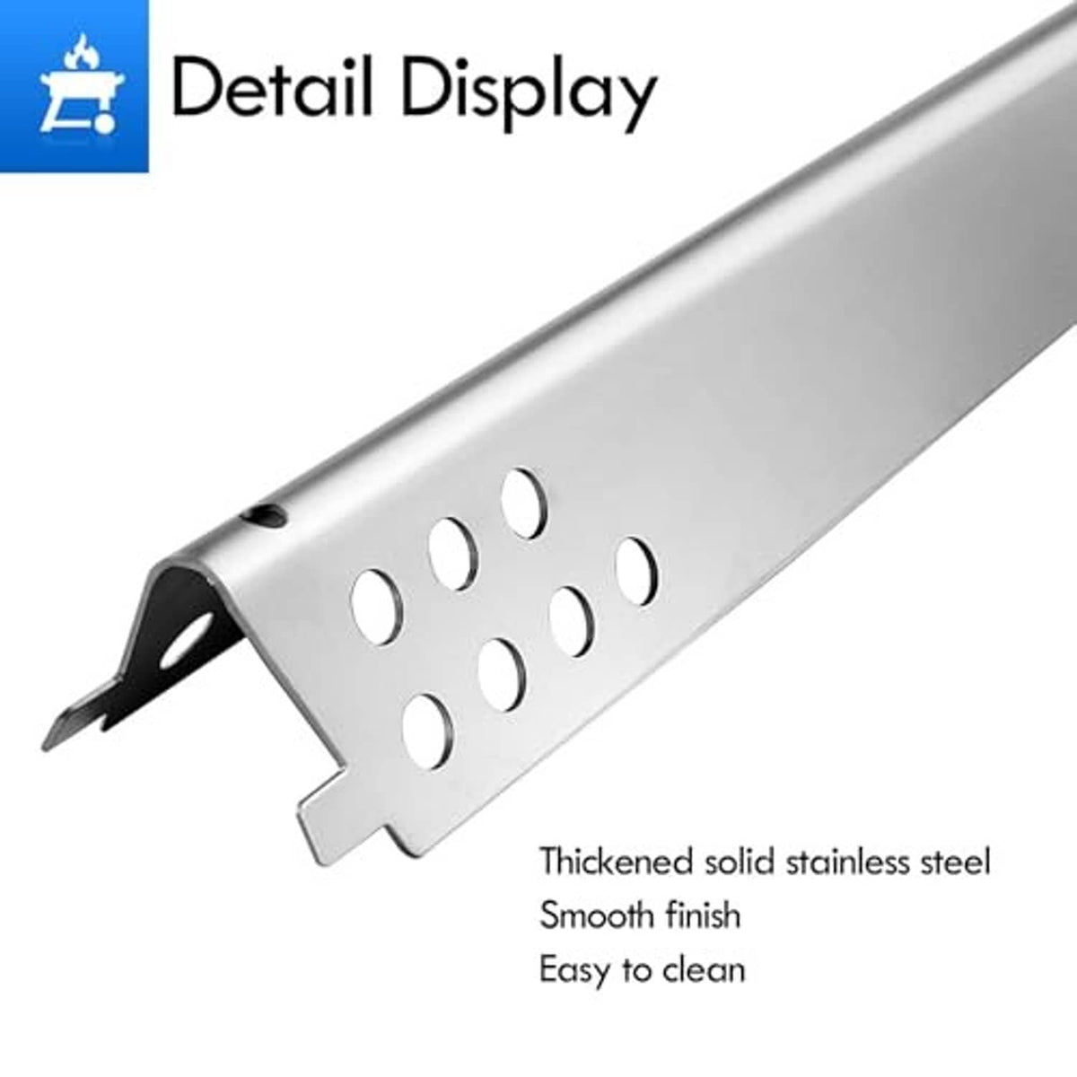 Stainless steel burner tube heat shield with circular vent holes, smooth finish