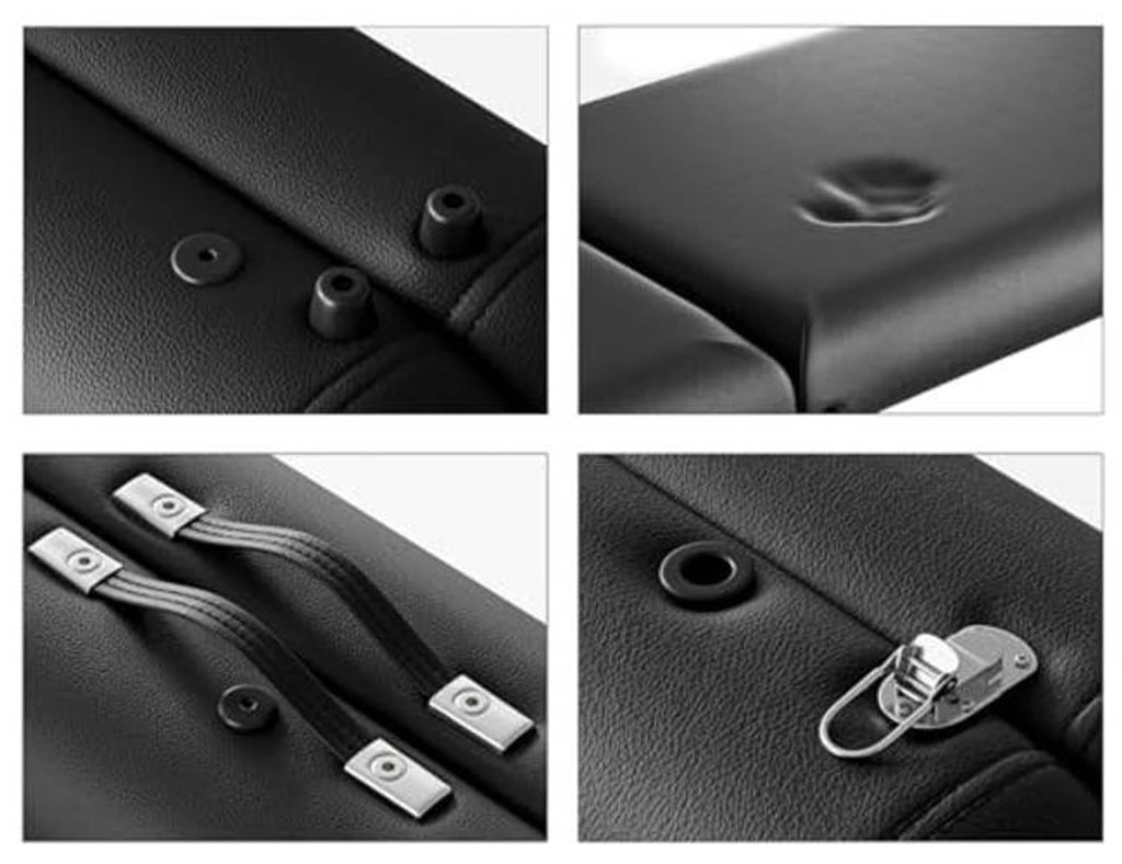 Black padded massage table upholstery detail with snaps/fasteners along the side panel