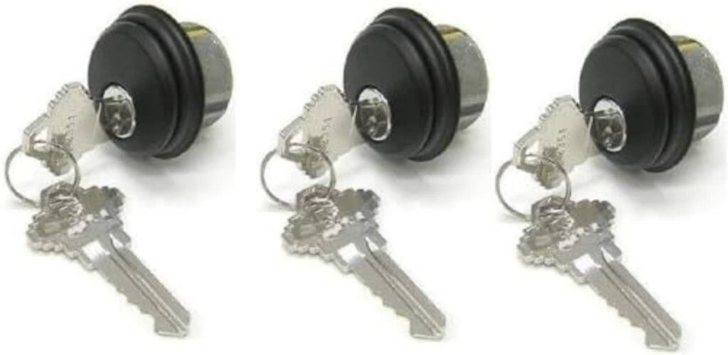 Mortise lock cylinder set with 3 cylinders and keys on dark round knobs
