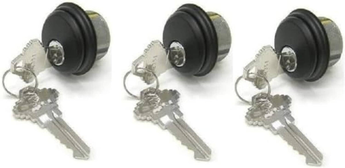 Mortise lock cylinder set with 3 cylinders and keys on dark round knobs