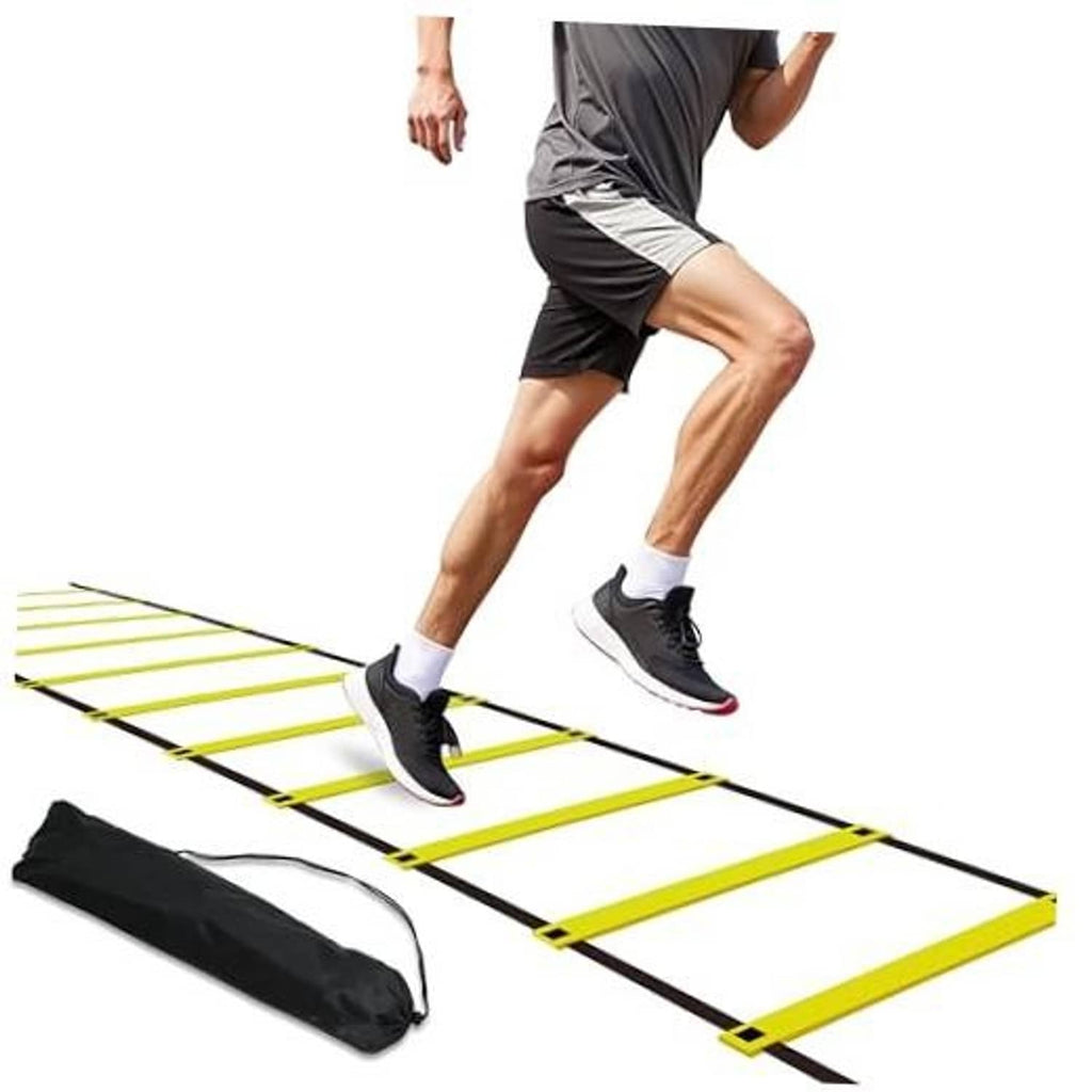 Yellow and black agility speed ladder with adjustable rungs and black carry bag