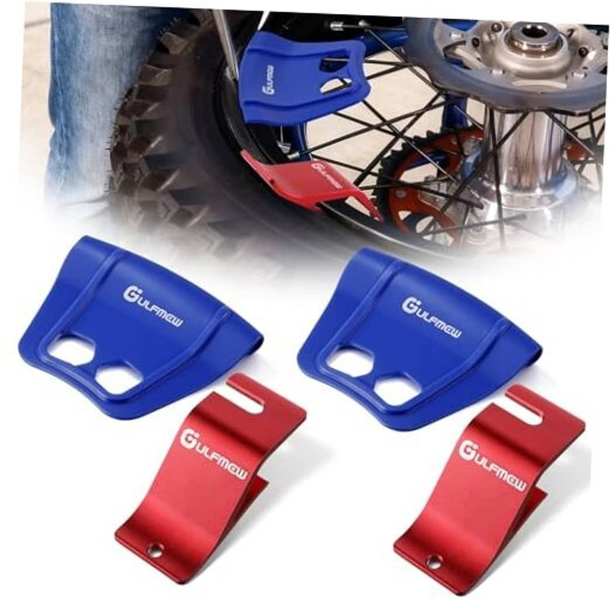 Blue and red motorcycle tire changing tool kit with rim shield protectors