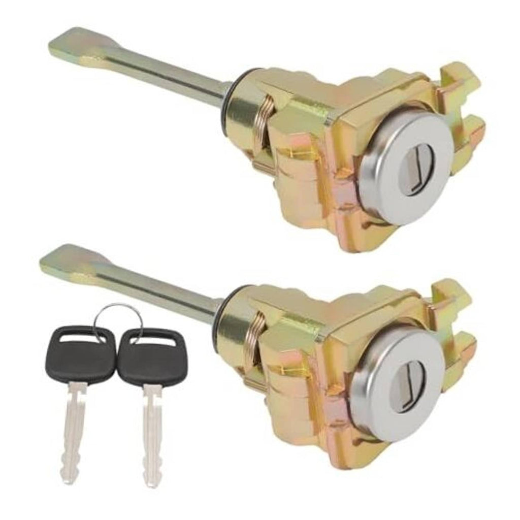 Door lock cylinder set with two keys and black key fobs, gold metal lock housing