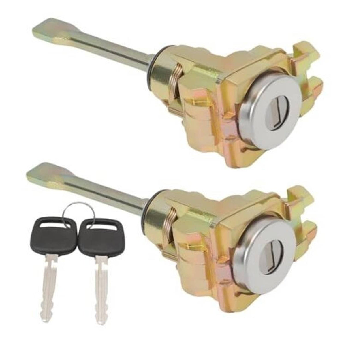 Door lock cylinder set with two keys and black key fobs, gold metal lock housing