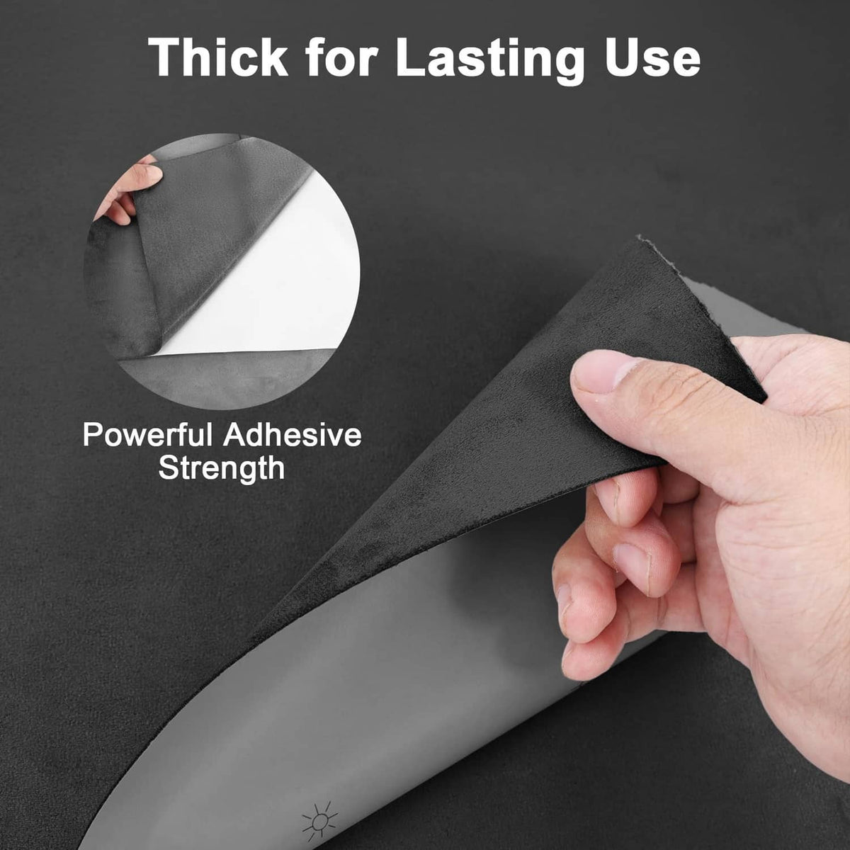 Dark suede-like fabric wrap with adhesive backing exposed and hand peel