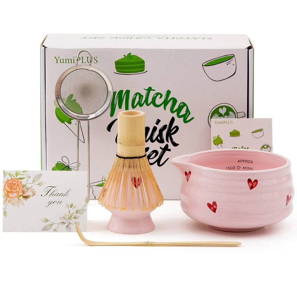 Pink 5-piece matcha set with ceramic bowl, bamboo whisk, strainer, scoop, gift card