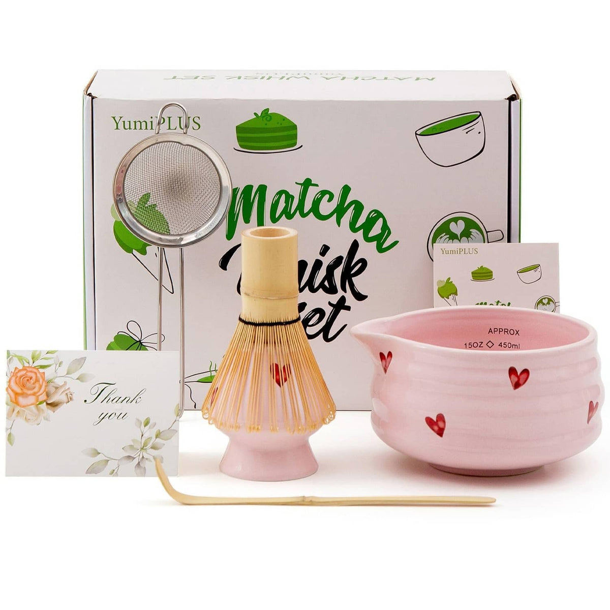 Pink 5-piece matcha set with ceramic bowl, bamboo whisk, strainer, scoop, gift card