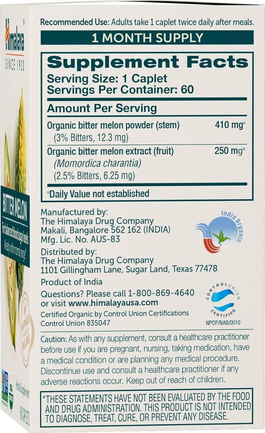 Supplement facts panel for organic bitter melon capsule serving information