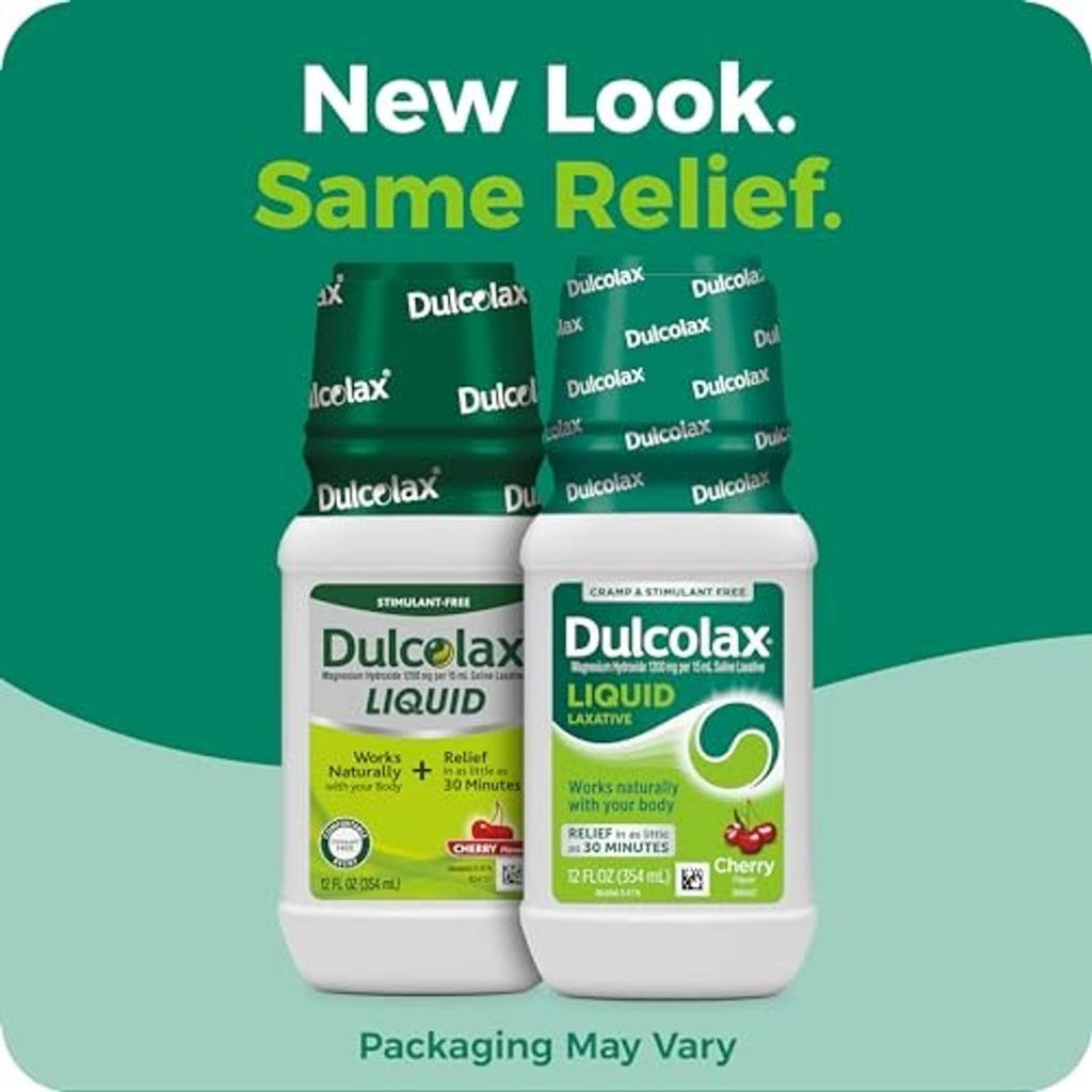 Dulcolax Liquid saline laxative two-pack with green caps, cherry flavor, packaging may vary