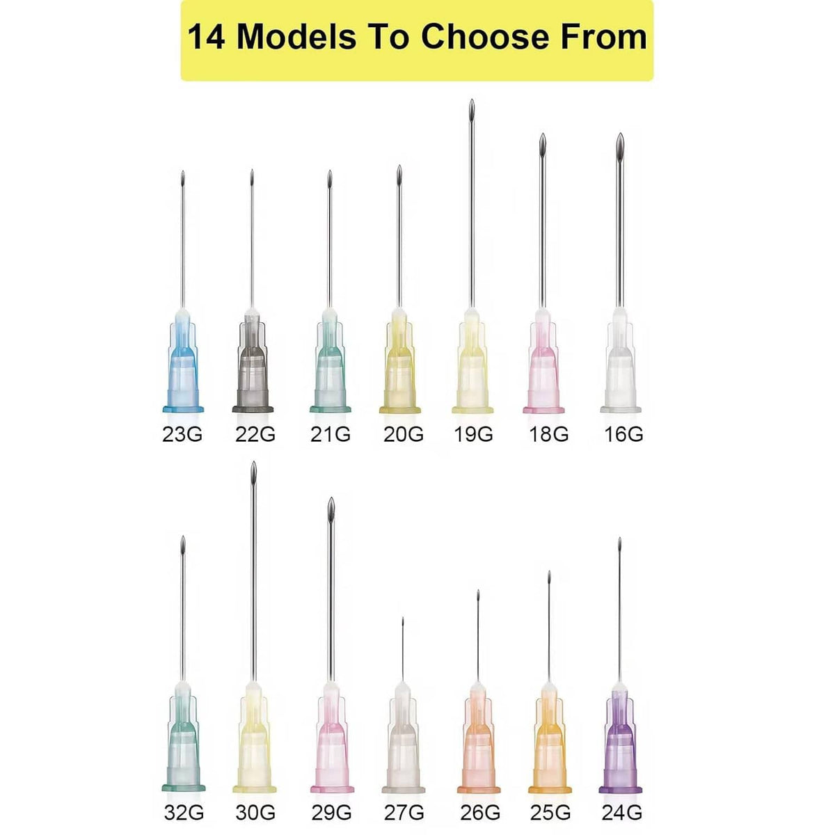 Assorted disposable needle set with different gauges and colored hubs, 14 models