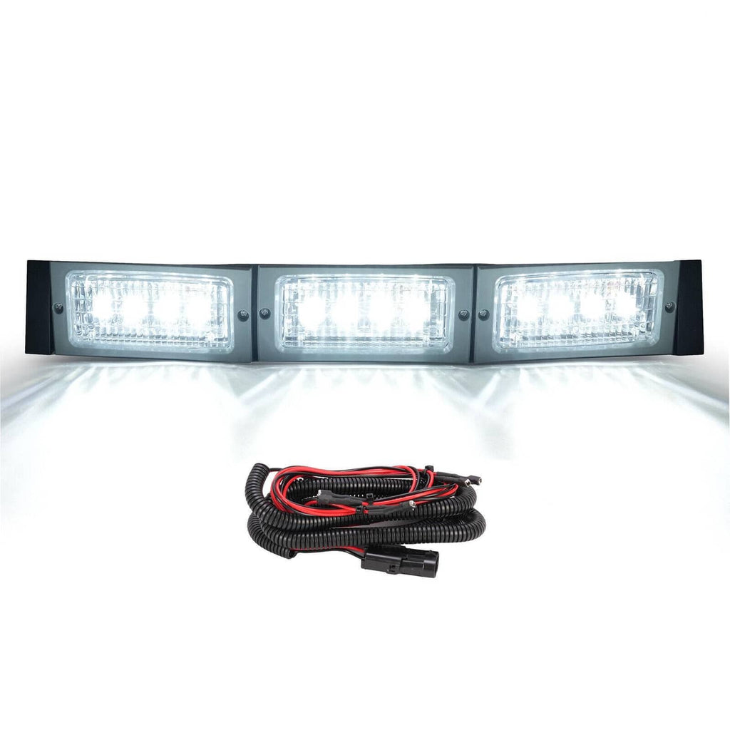 Lit LED light bar with three rectangular lamps and attached wiring harness