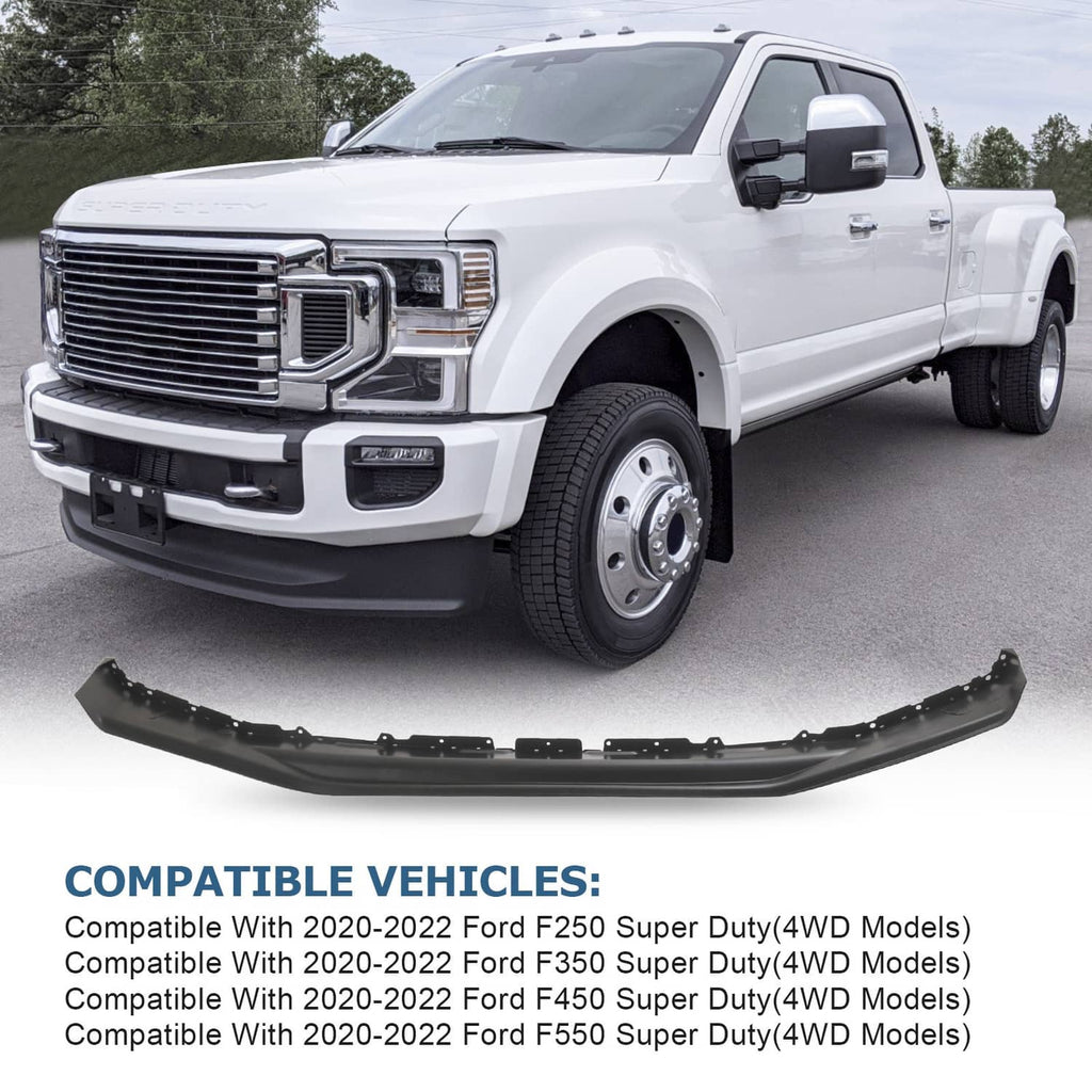 Front lower valance installed on a white pickup front bumper, black air-dam panel.
