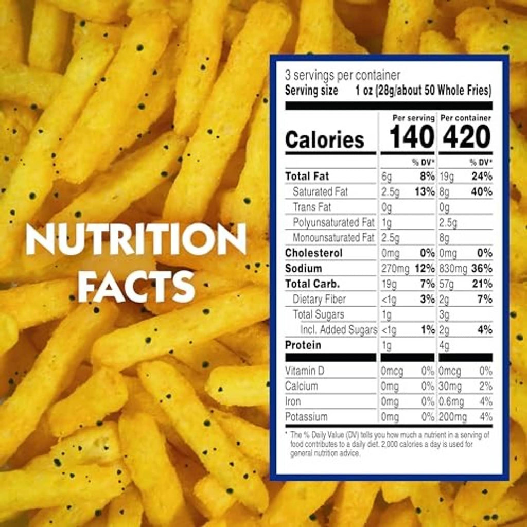 Cheddar Fries snack with Nutrition Facts panel on front, fries shown behind