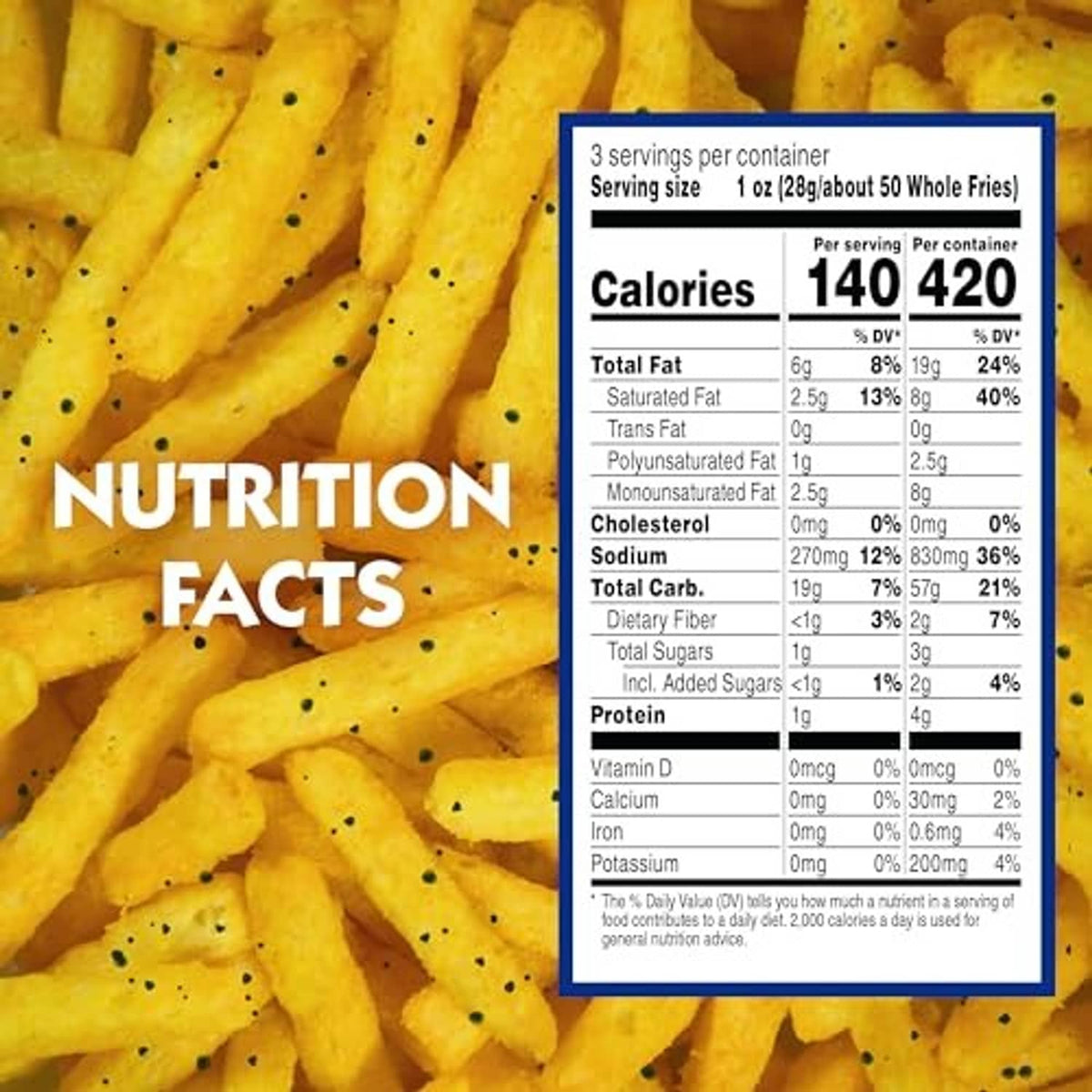 Cheddar Fries snack with Nutrition Facts panel on front, fries shown behind