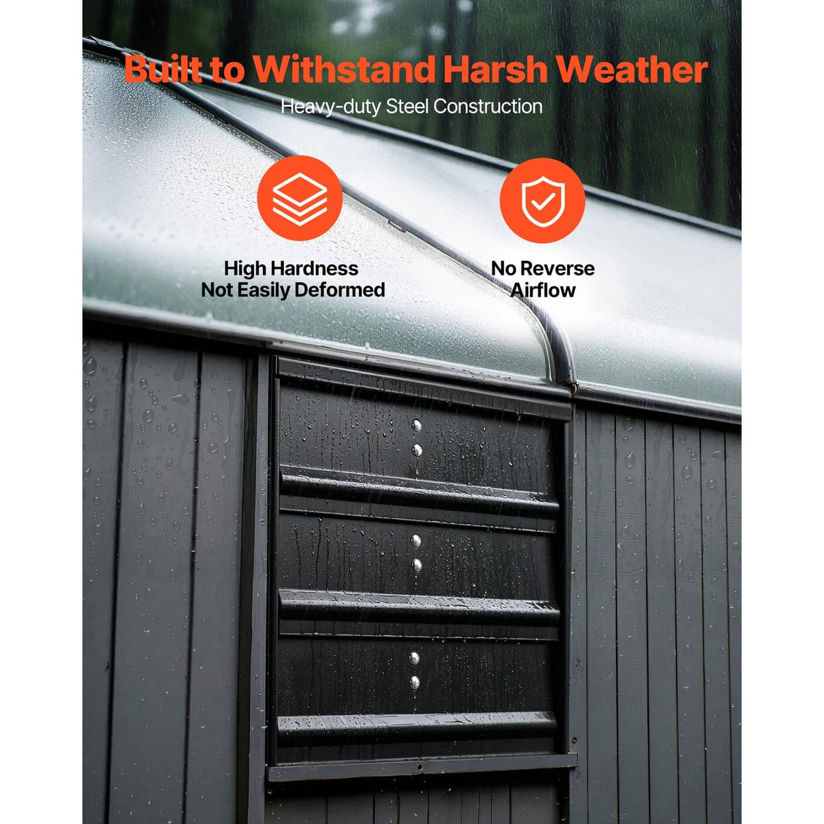 Weather-ready wall exhaust fan shutter with louver grille and raindrop-covered frame, dark steel.