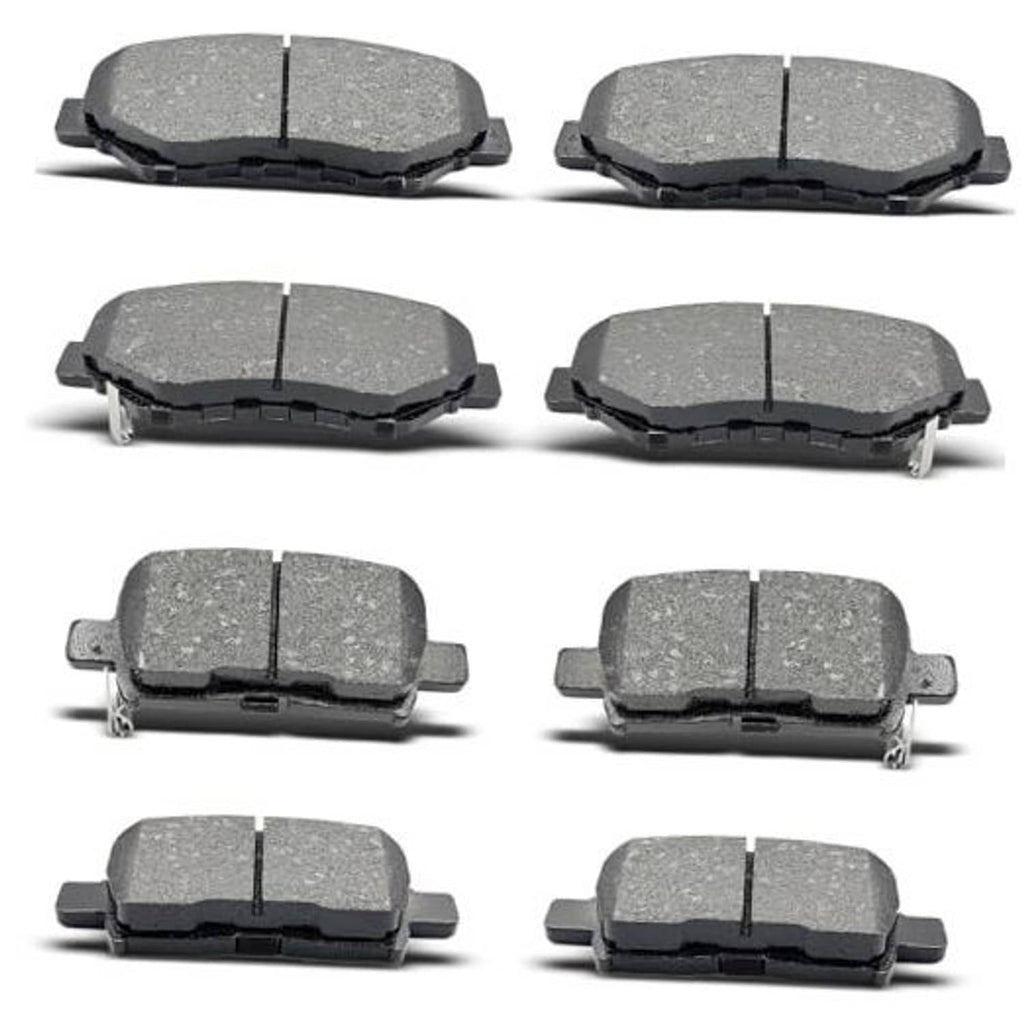 Front and rear ceramic brake pads set, dark gray friction surface with metal backing clips