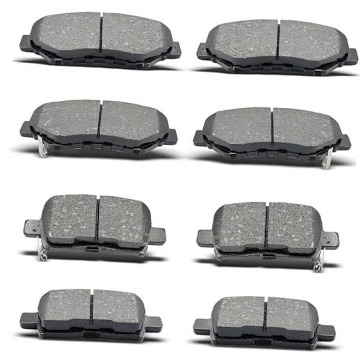 Front and rear ceramic brake pads set, dark gray friction surface with metal backing clips