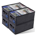 Black fabric DVD storage cube with clear top window and four front drawer slots