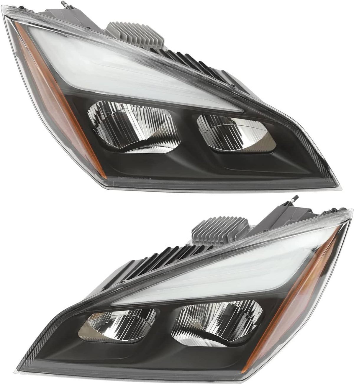 LED headlight pair with black housing and amber side marker accents, angled close-ups