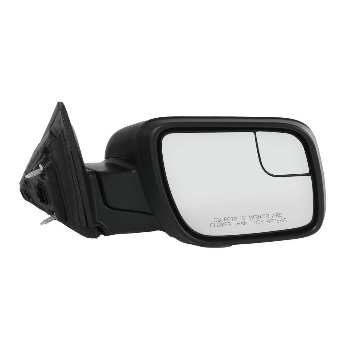 Right side side mirror with black housing and clear glass, three-quarter view