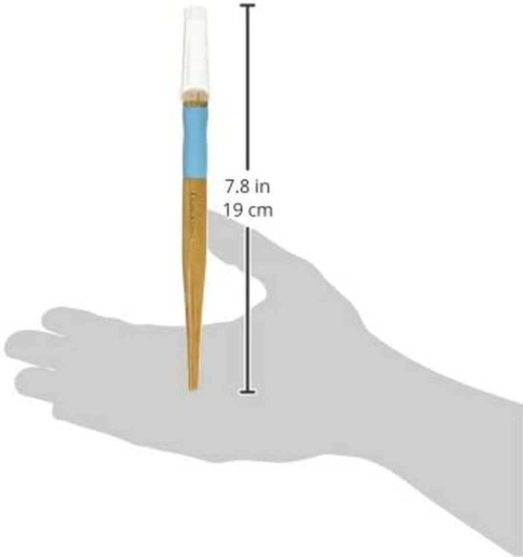 Blue and gold pen nib holder held in hand, with clear nib compartment
