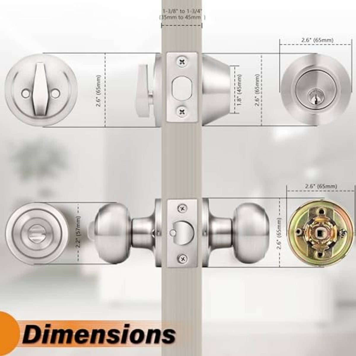 Door lock set brushed nickel with dimension diagram of knob, deadbolt and cylinder