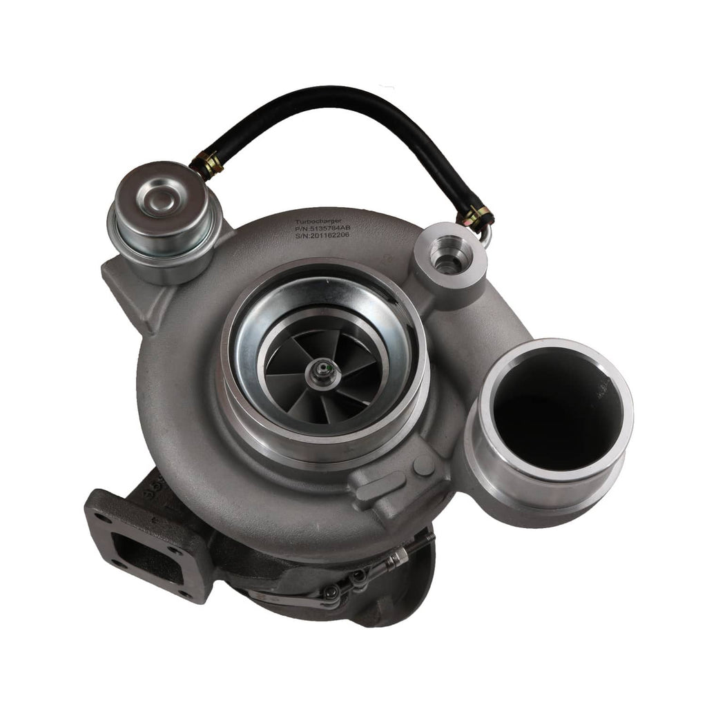 Turbocharger with visible turbine wheel and compressor housing, black hose attached