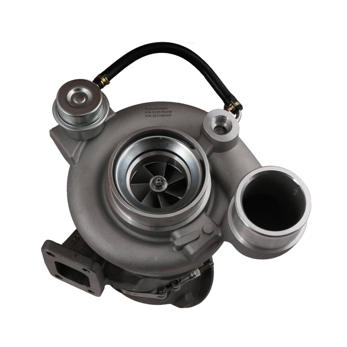 Turbocharger with visible turbine wheel and compressor housing, black hose attached