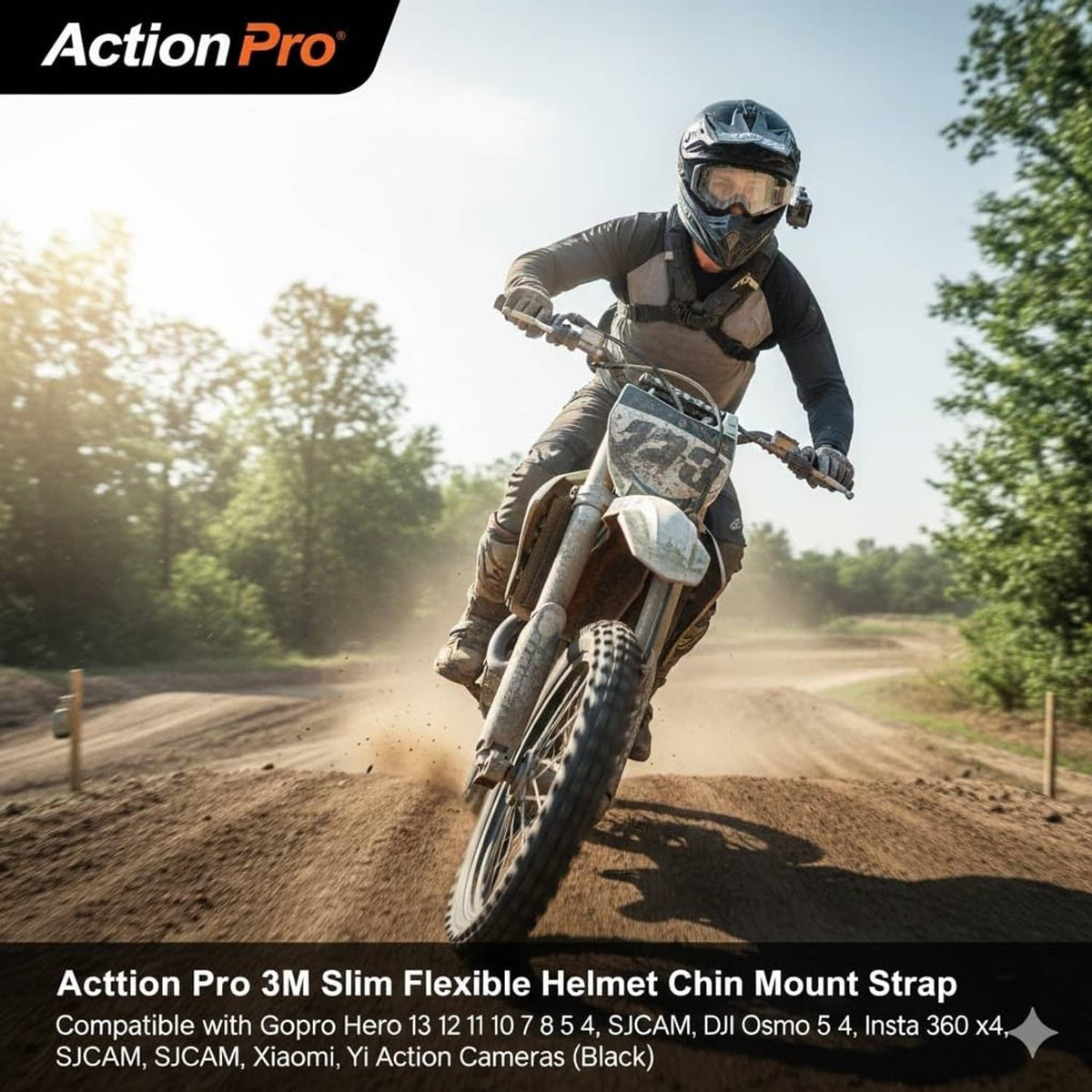 Action Pro 3M chin mount strap device mounted on a helmet for action camera use