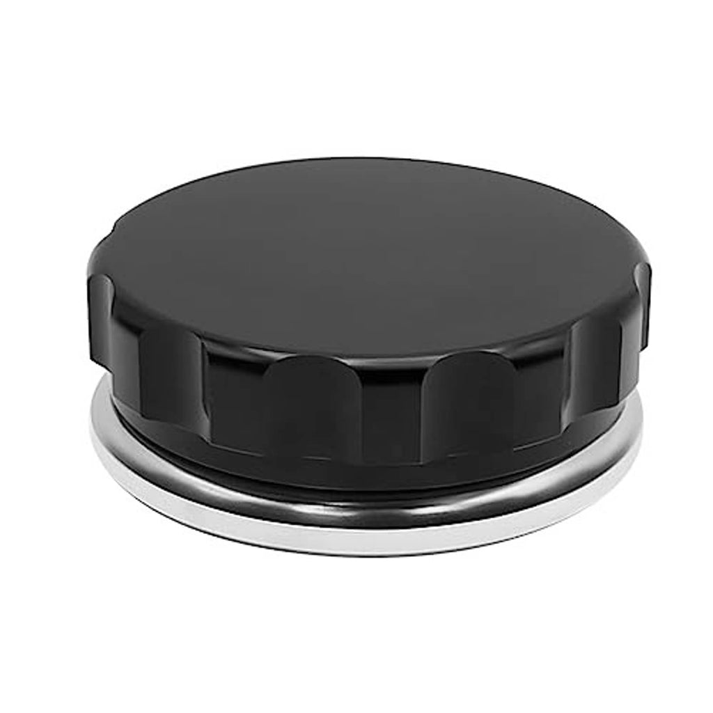 Black filler neck cap with round lid and ribbed, segmented outer edge