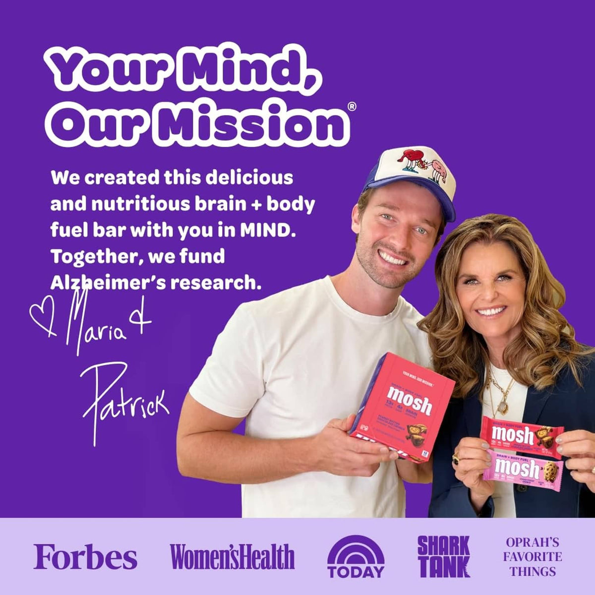 Two people holding protein bar boxes and pouches on a purple brand mission layout