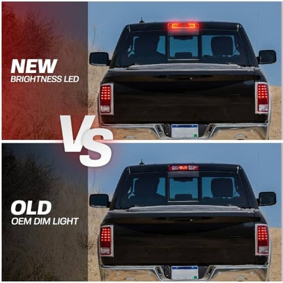 LED third brake light on pickup rear with bright red lamp glow
