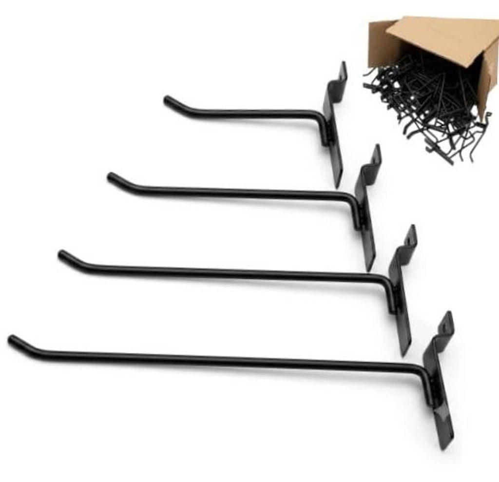 Black J-style slatwall hooks with wall-mount backing, set of four